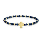 Navy blue beaded bracelet with a gold cross on a white background