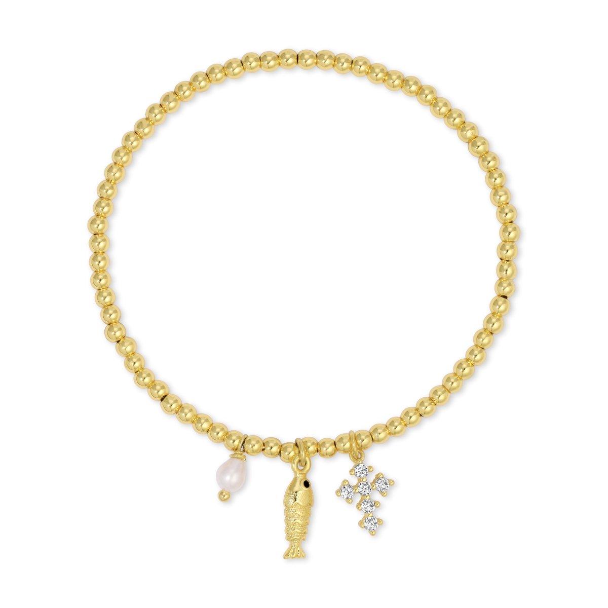 Gold Fish and Cross Charm Beaded Stretch Bracelet - Splendid Iris