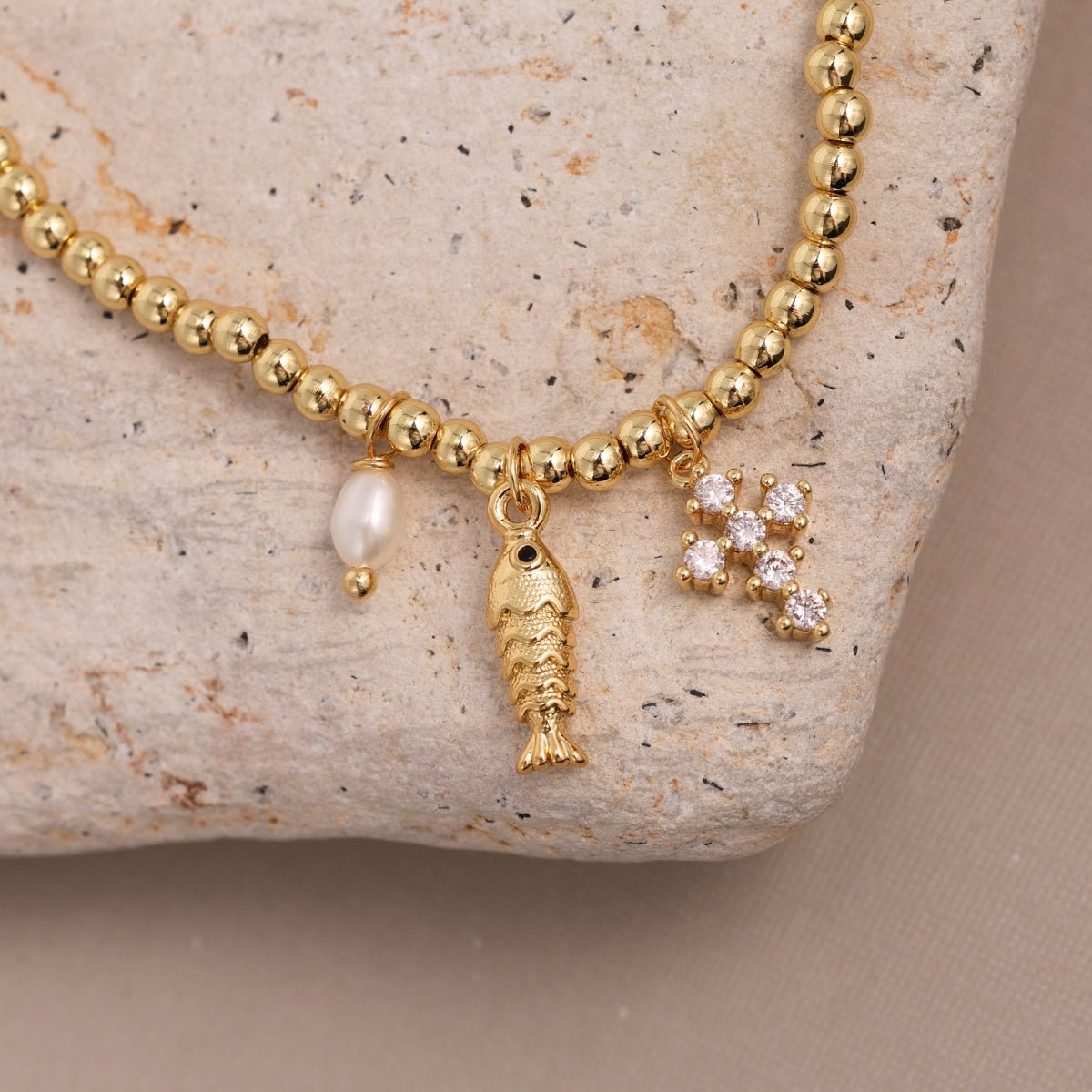 Gold Fish and Cross Charm Beaded Stretch Bracelet - Splendid Iris