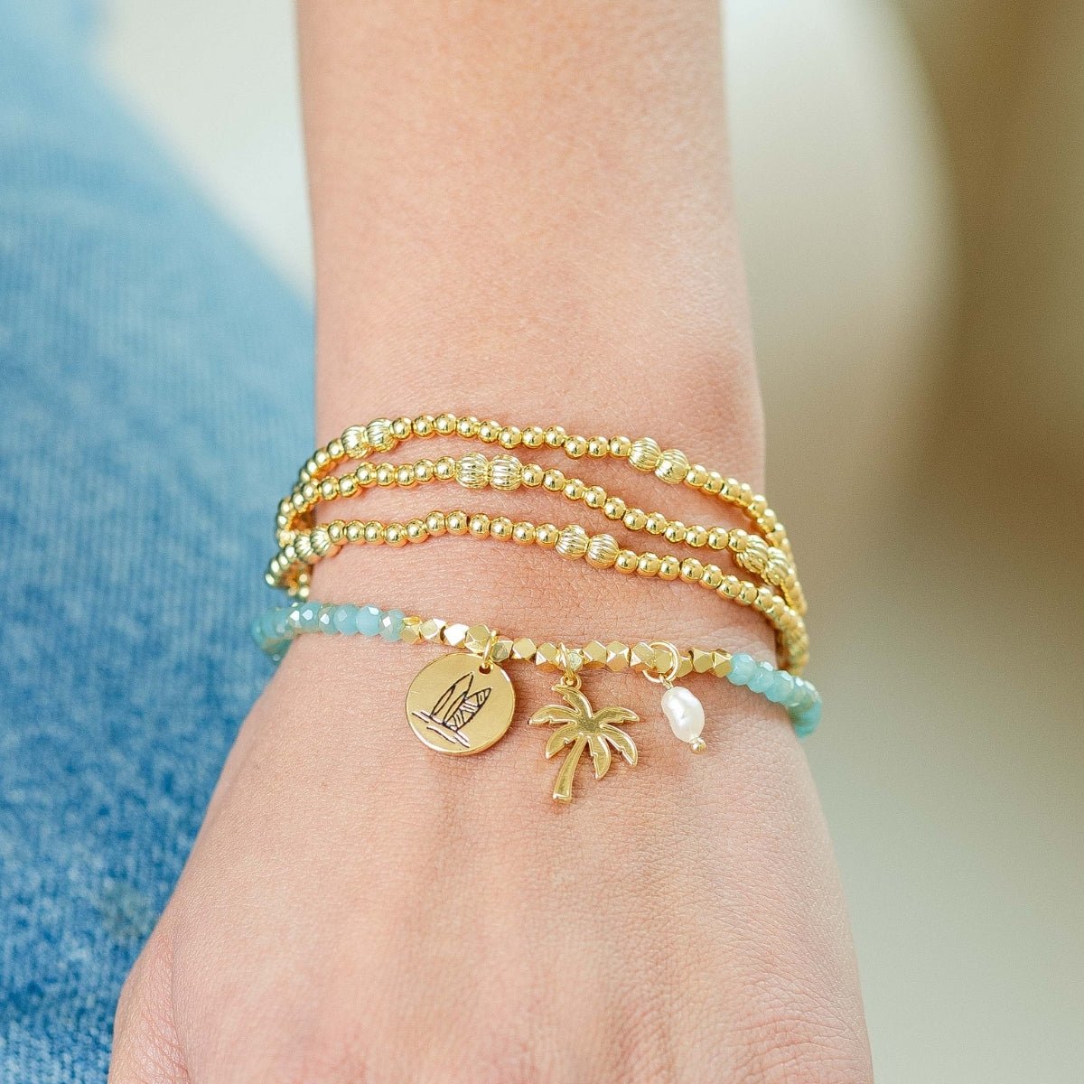 Surfboard and Palm Tree Stretch Charm Bracelet - Splendid Iris
