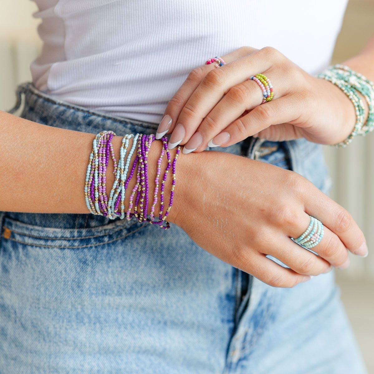 Set/4 Solid Color 2mm Seed Bead Bracelets - Splendid Iris