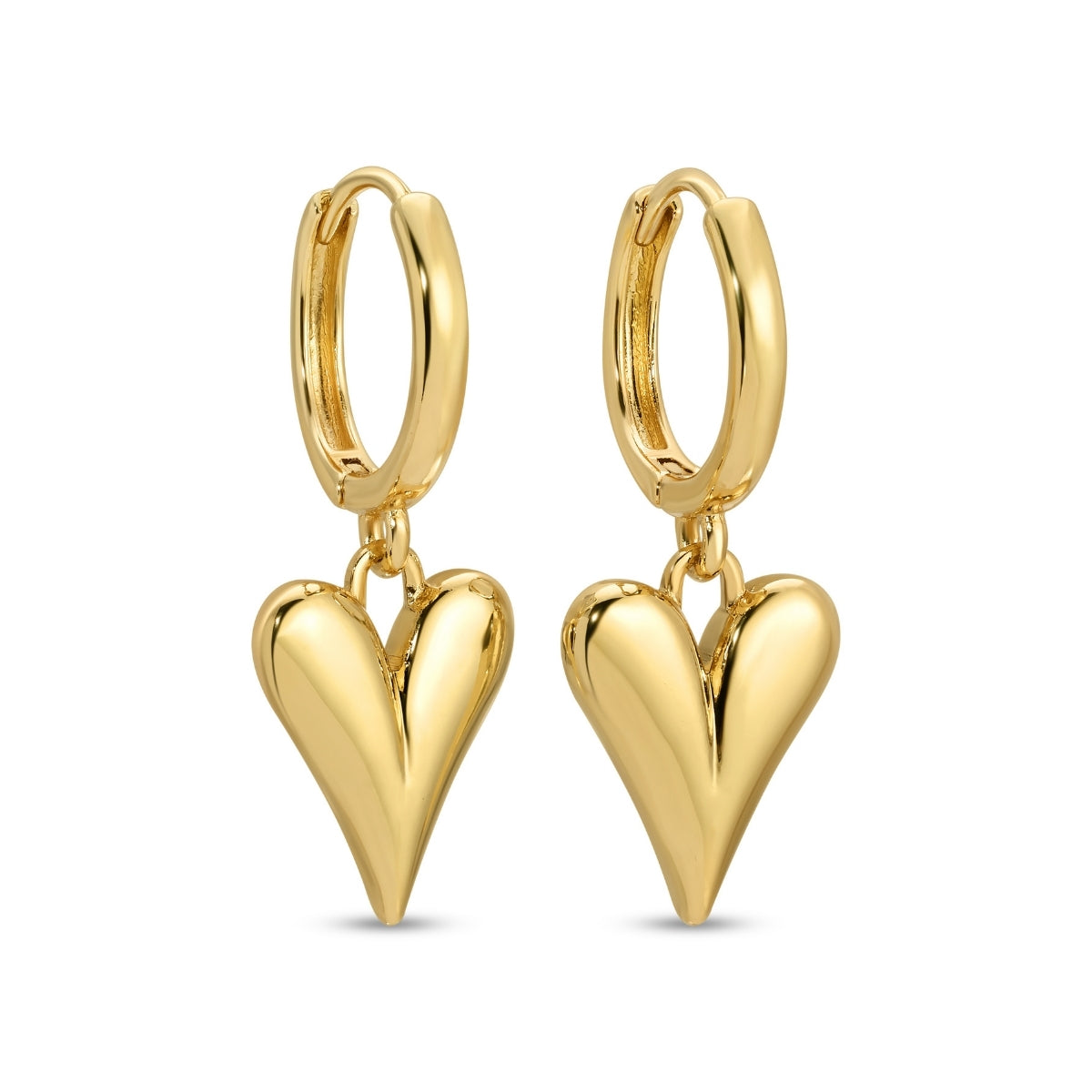 Gold heart-shaped hoop earrings on a white background