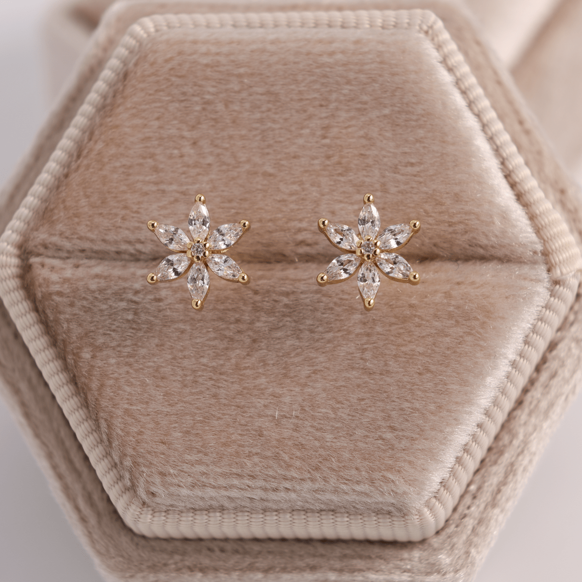 Marquise Cubic Zirconia Flower Studs on Velvet Tag - Splendid Iris