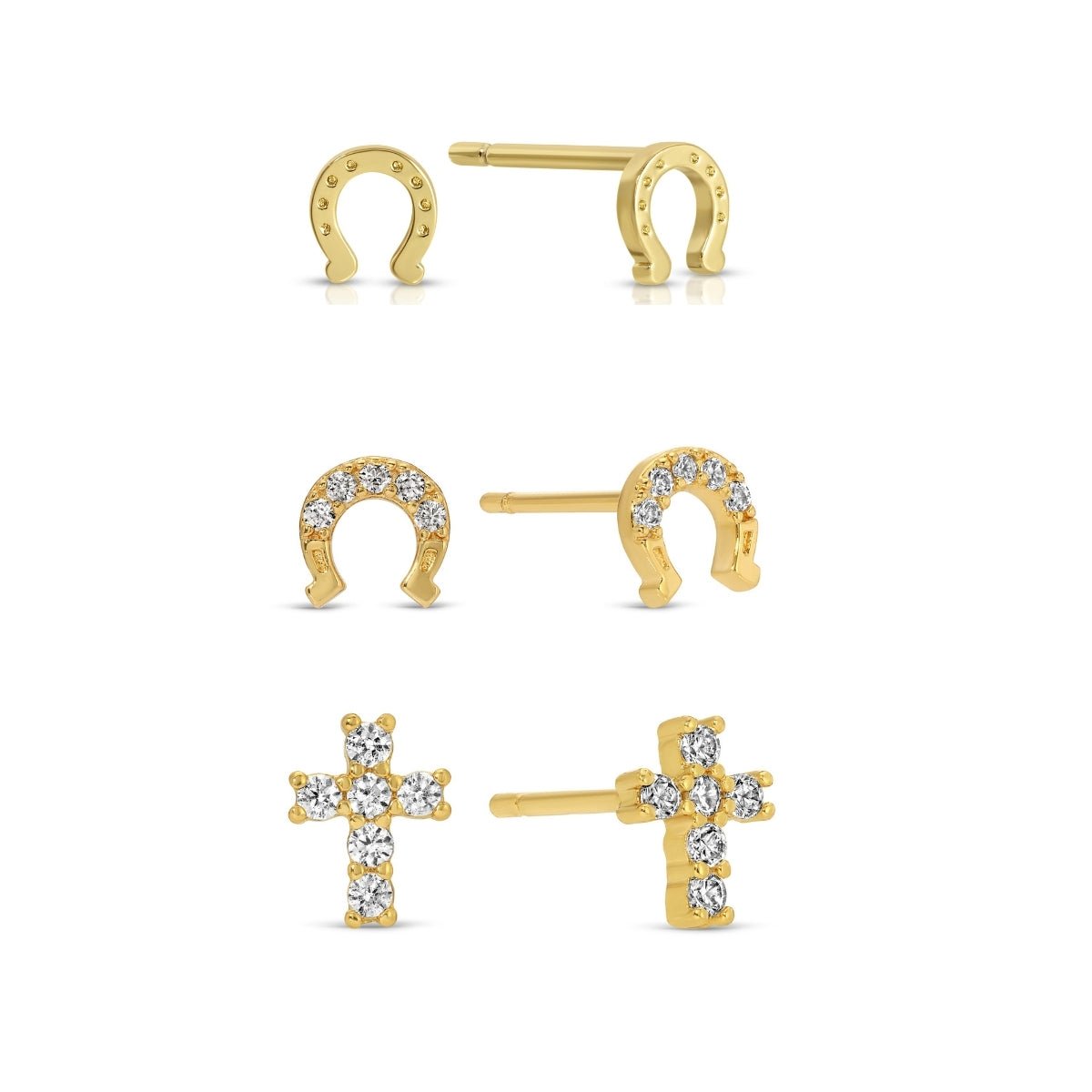 Iconic Elements Trio - Horseshoe & Cross Studs on Velvet Tag - Splendid Iris