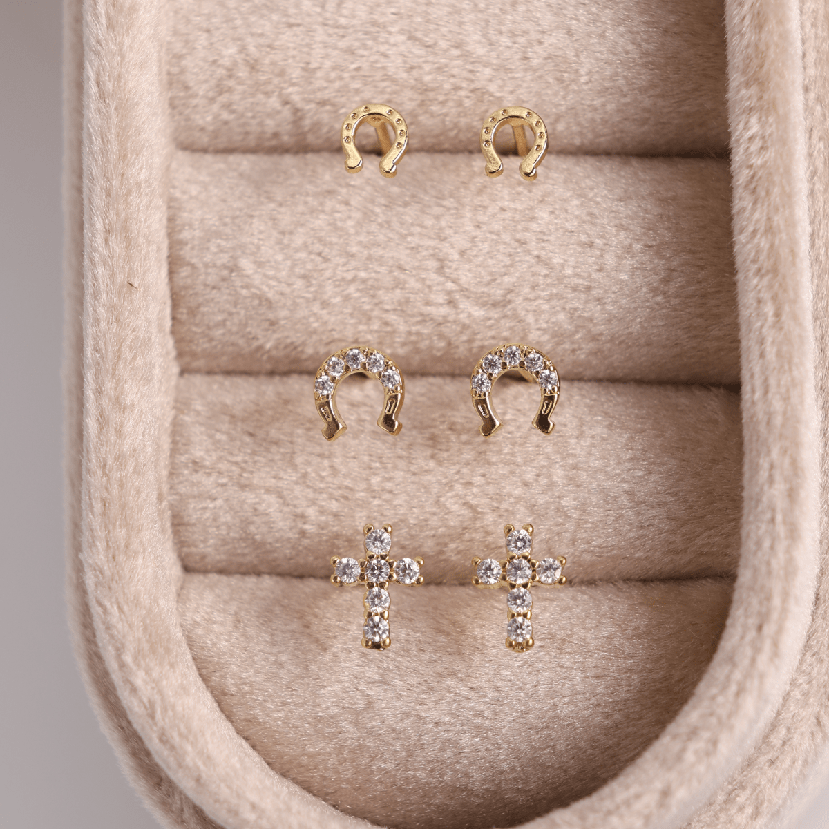 Iconic Elements Trio - Horseshoe & Cross Studs on Velvet Tag - Splendid Iris