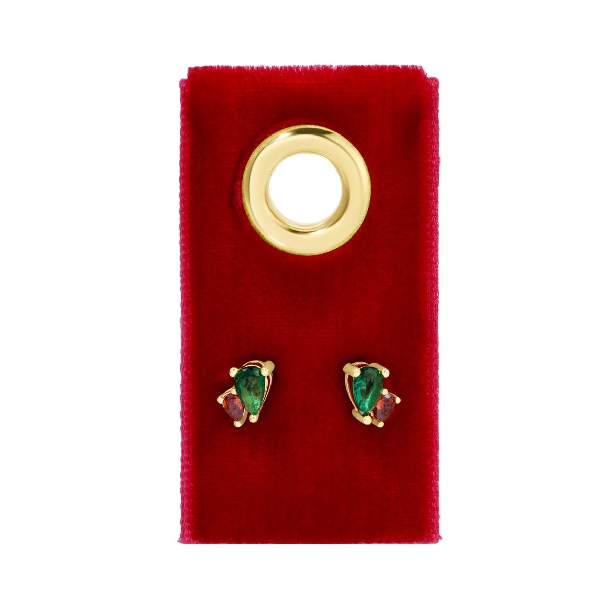 Red & Green Pear-Shaped CZ Studs on Velvet Tag - Splendid Iris