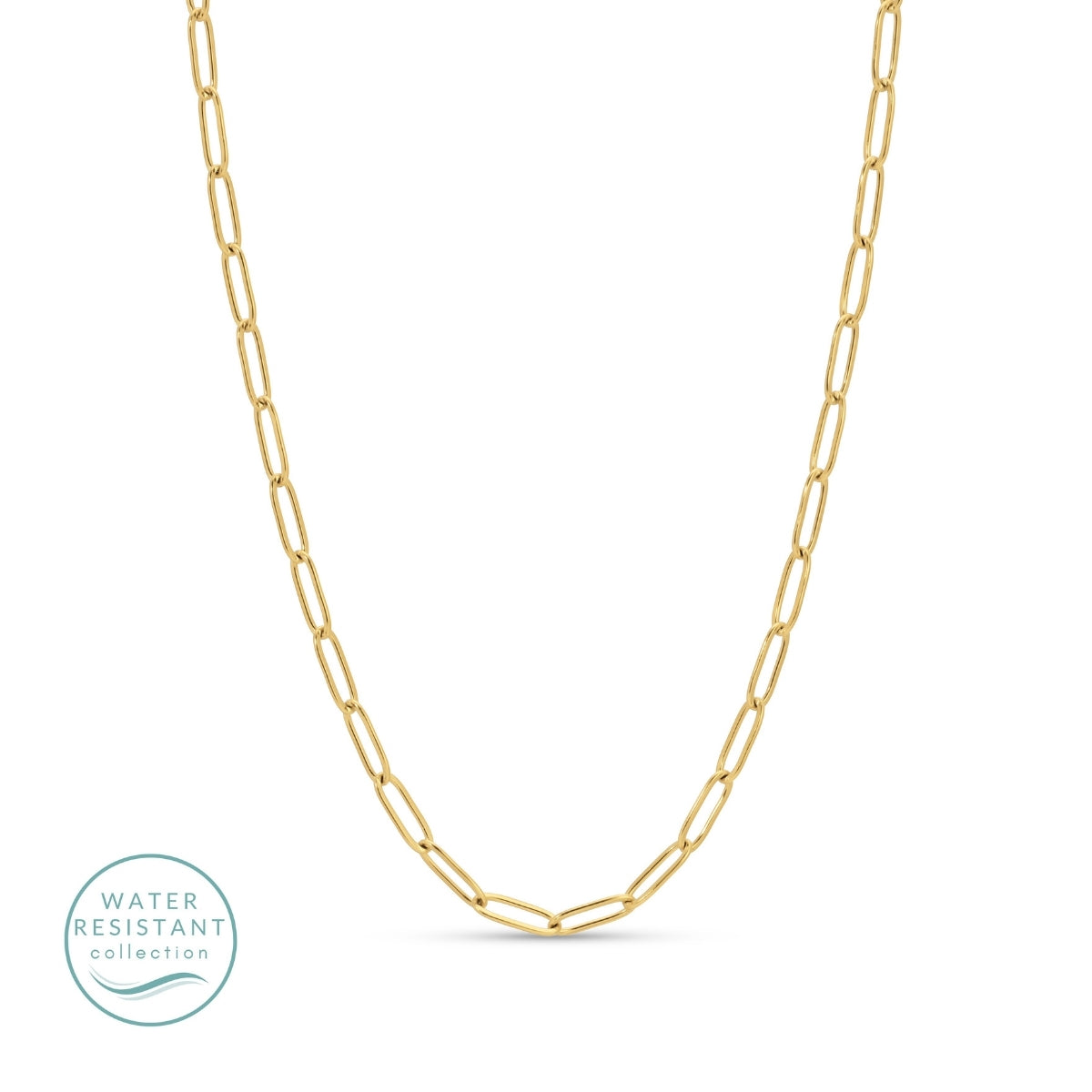 Gold chain necklace on a white background with 'Water Resistant' collection label.