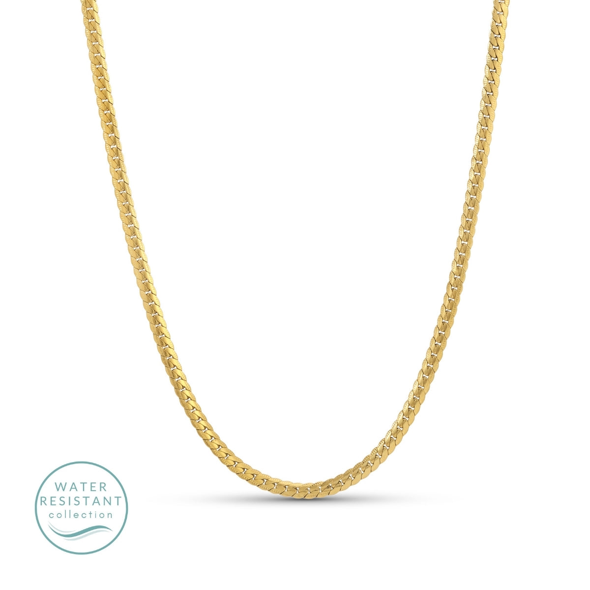 Gold chain necklace on a white background with 'Water Resistant' collection label.