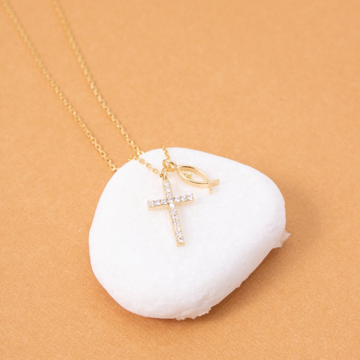 Cubic Zirconia Cross Necklace with Ichthus Fish Charm - Splendid Iris