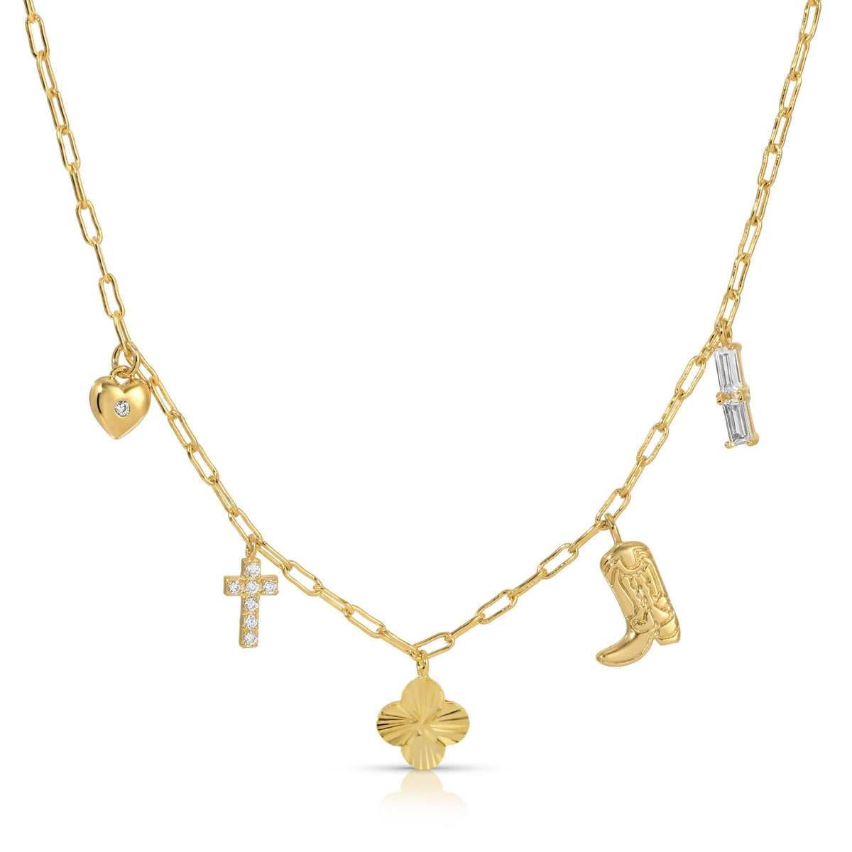 Gold necklace with various charms on a white background