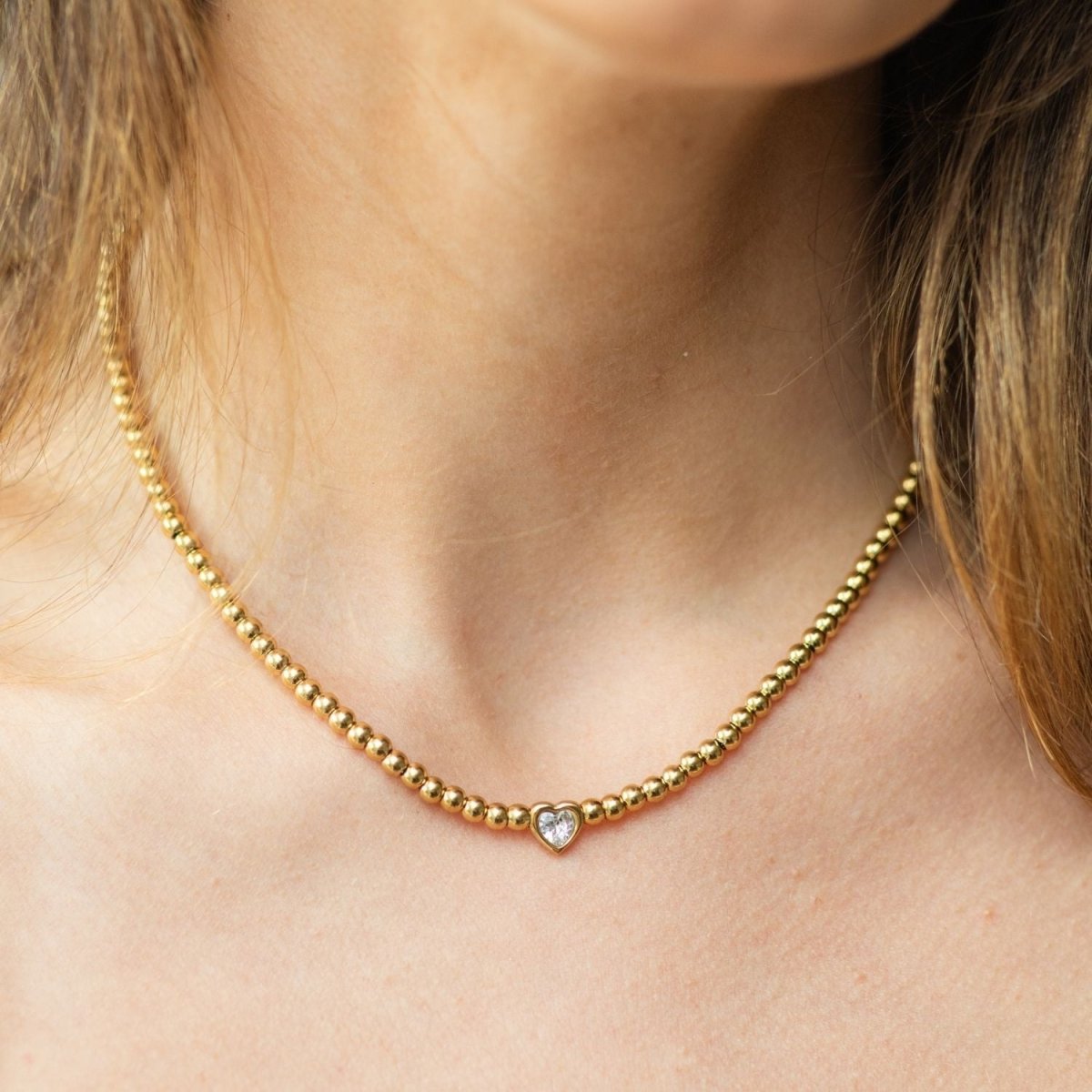 Beaded Heart Faux Diamond Necklace Water Resistant - Splendid Iris