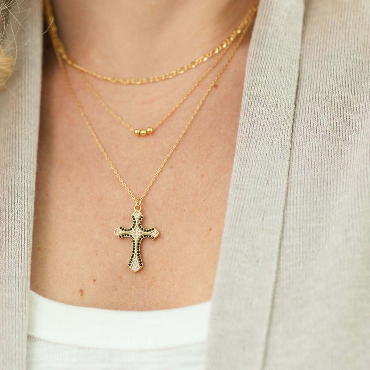 Layered Black Cross Necklace - Splendid Iris