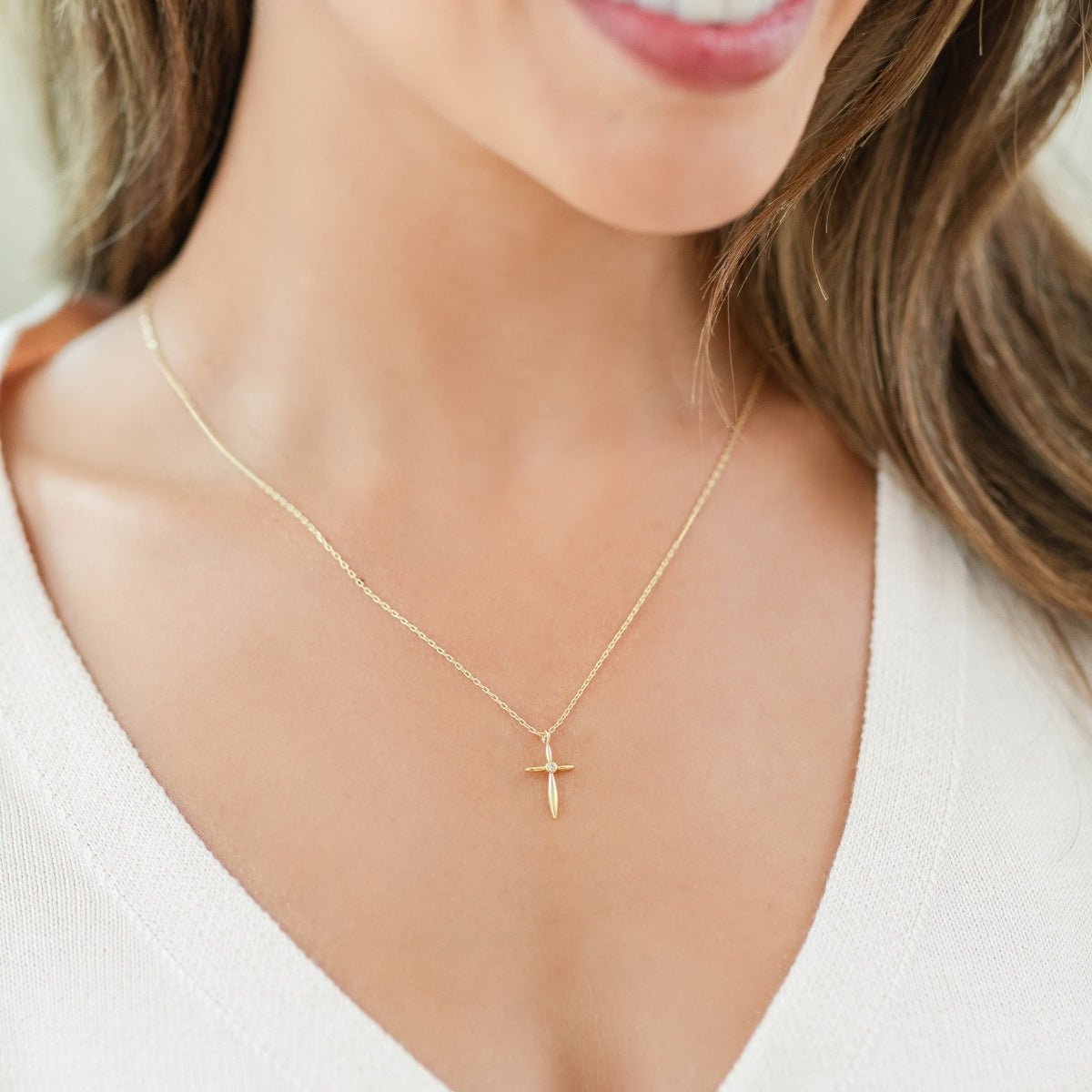 Petite Cross Necklace with Sparkling Cubic Zirconia Center - Splendid Iris