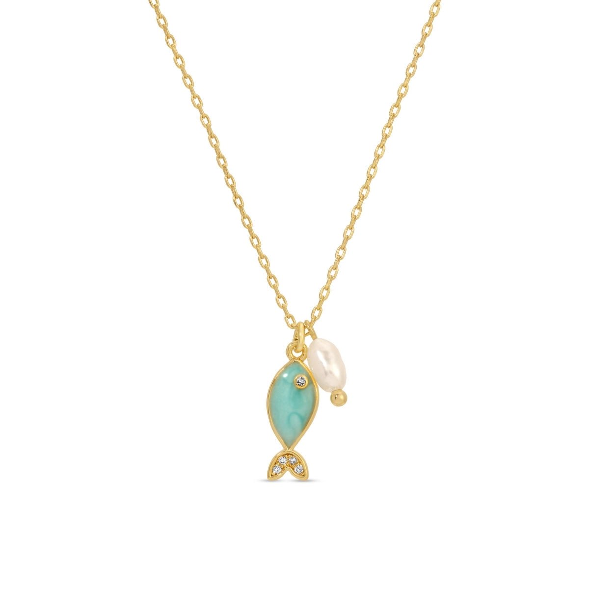 Light Blue Fish Pendant Necklace with Freshwater Pearl - Splendid Iris