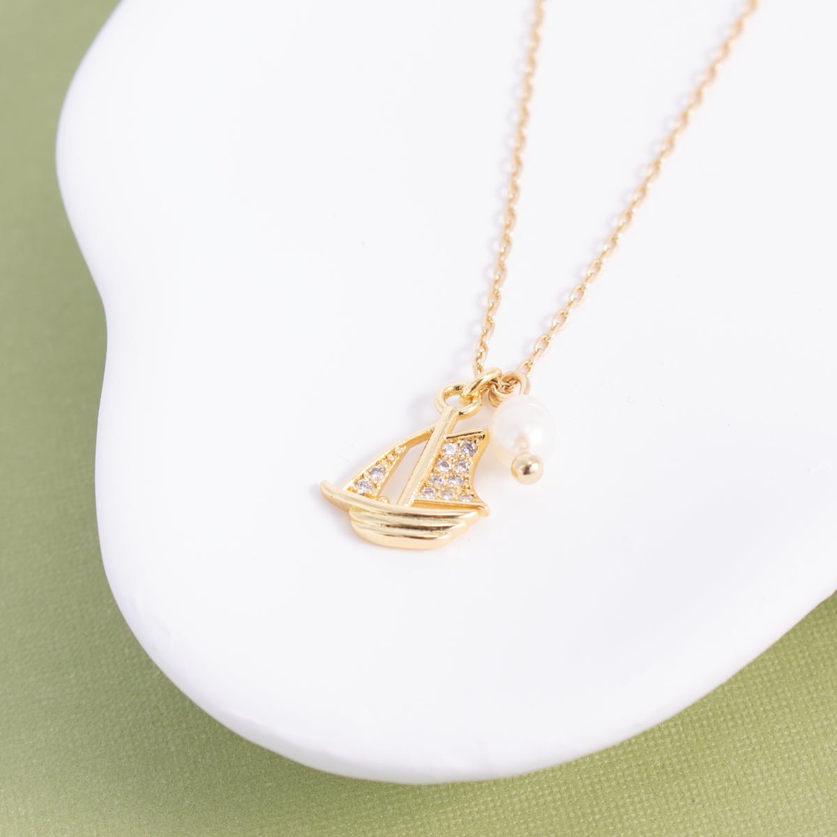Pavé Sailboat Pendant Necklace with Freshwater Pearl - Splendid Iris