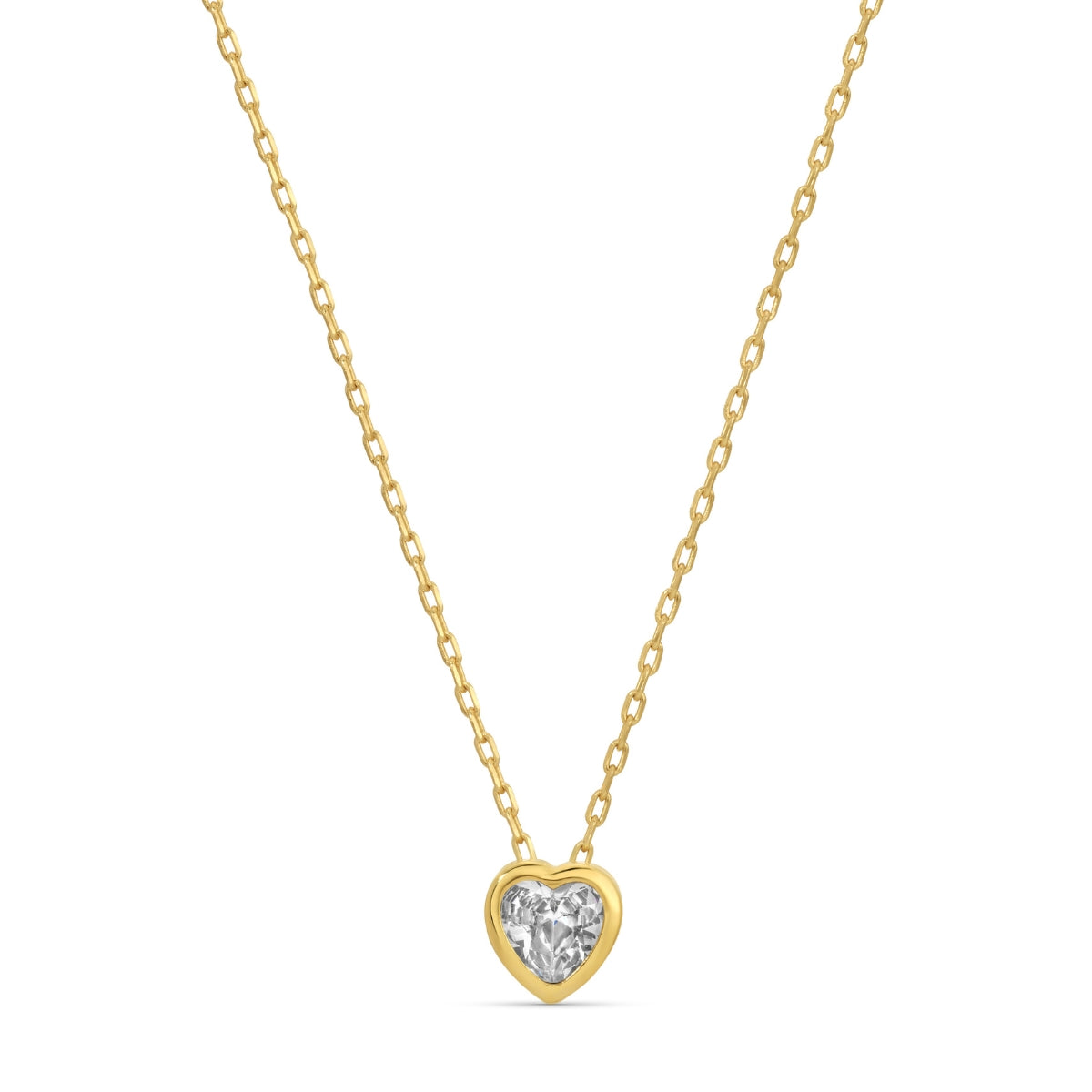Gold necklace with a heart-shaped diamond pendant on a white background