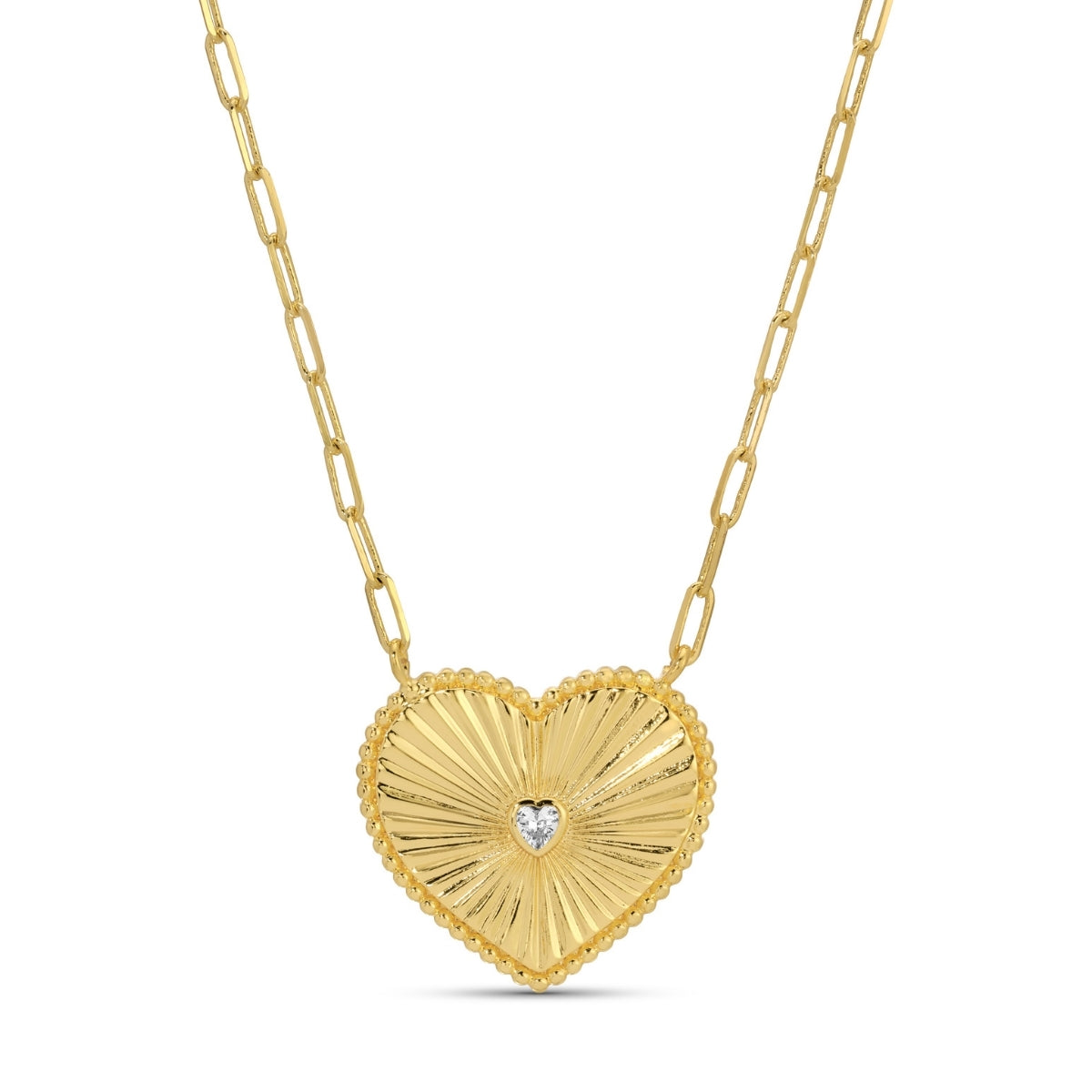 Gold heart-shaped necklace with a diamond on a white background
