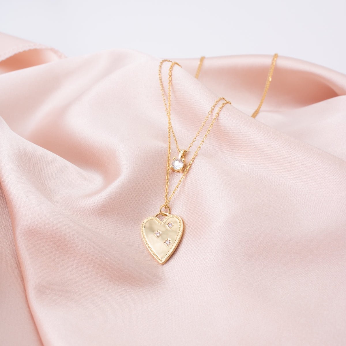 Layered CZ Solitaire and Heart Necklace - Splendid Iris