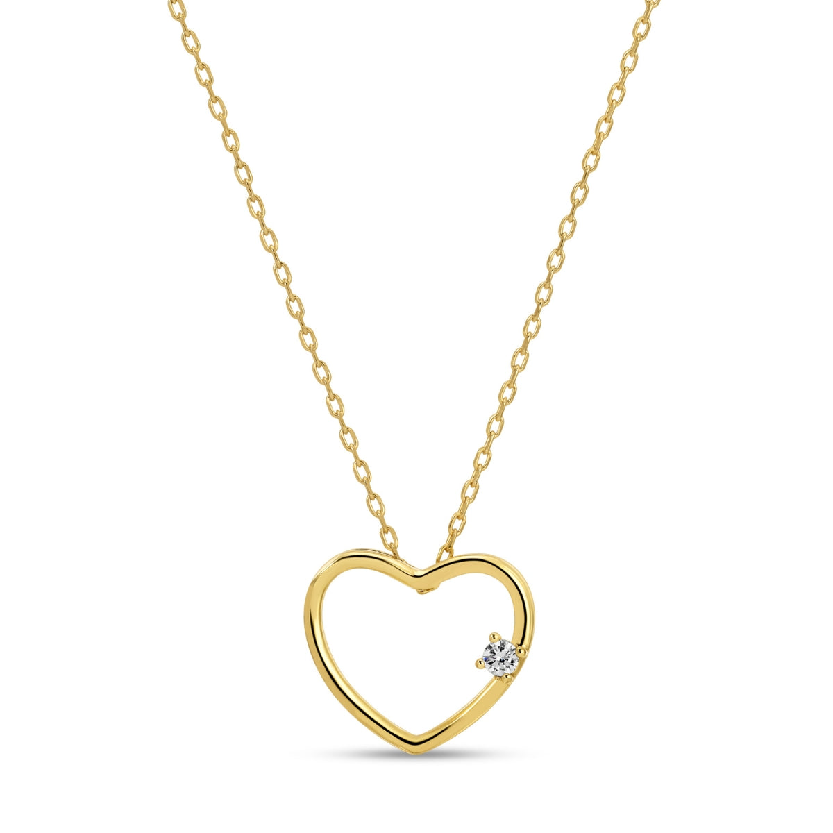 Gold heart-shaped necklace with a diamond on a white background