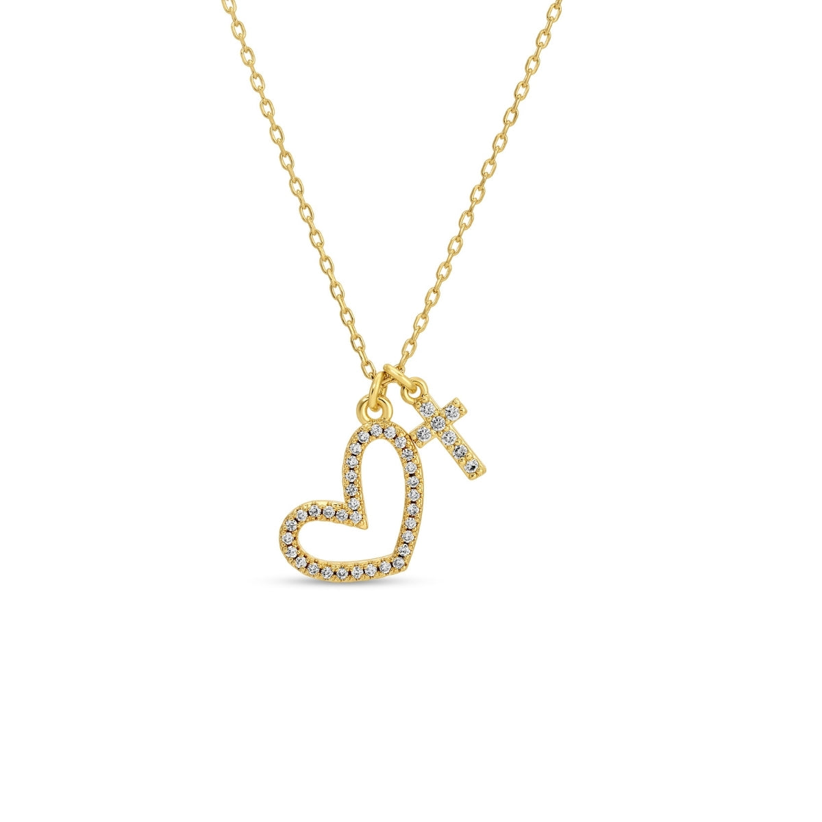 Gold necklace with a heart and cross pendant on a white background