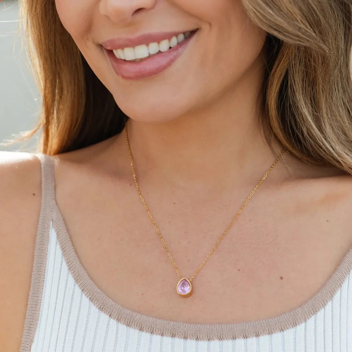 Large CZ Teardrop Pendant Necklace - Water Resistant - Splendid Iris