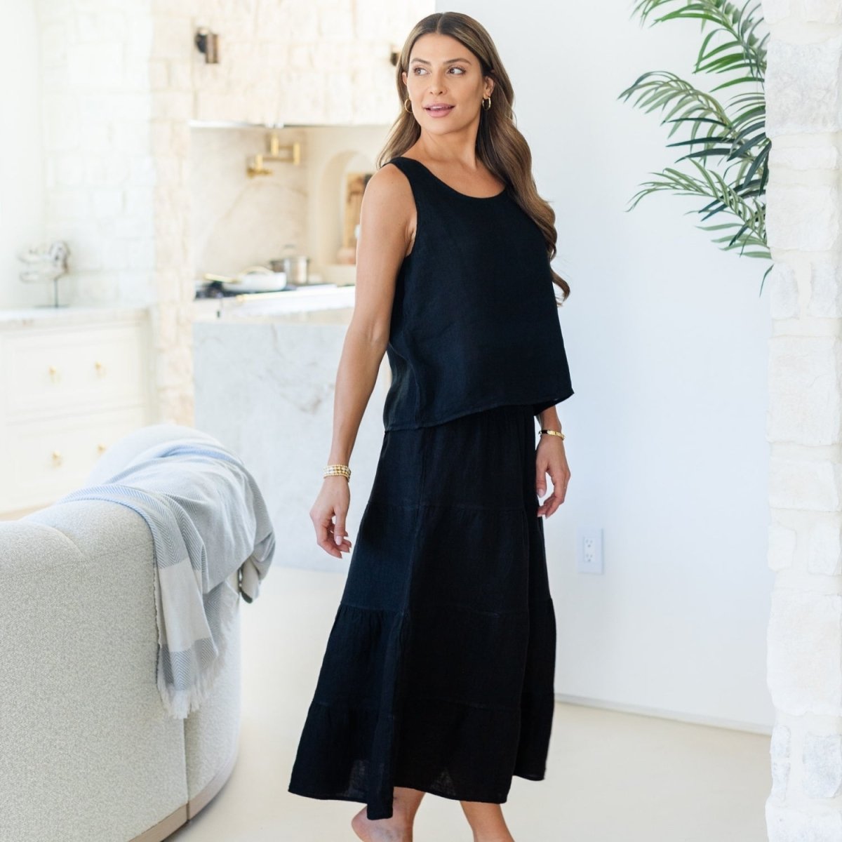 Linen Long Tiered Skirt - Splendid Iris