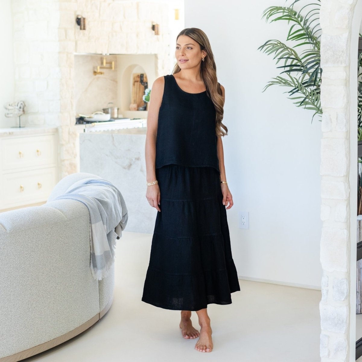 Linen Long Tiered Skirt - Splendid Iris