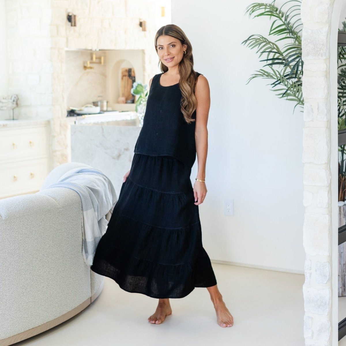 Linen Long Tiered Skirt - Splendid Iris