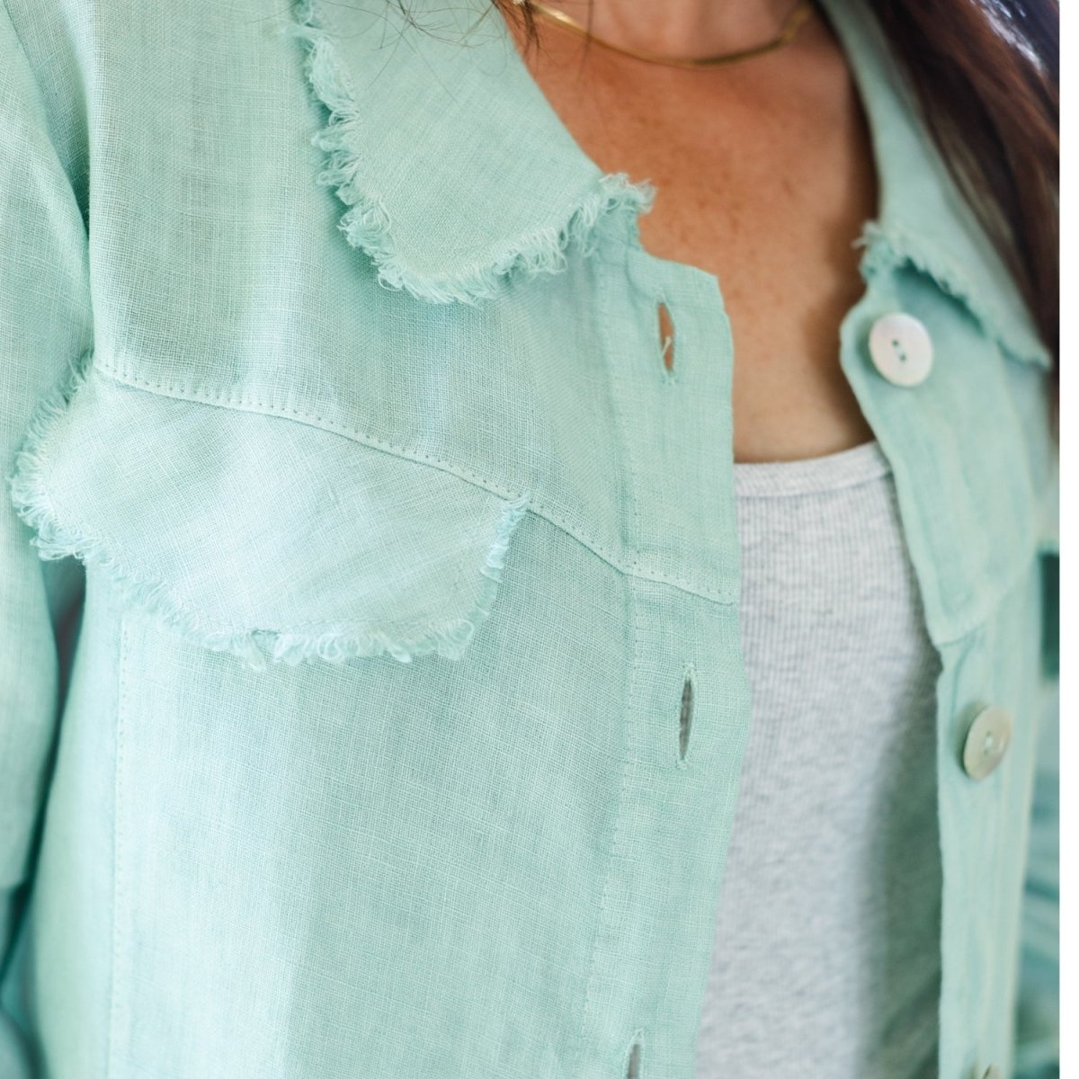 Linen Button Jacket Top w/ Fraying Detail - Splendid Iris