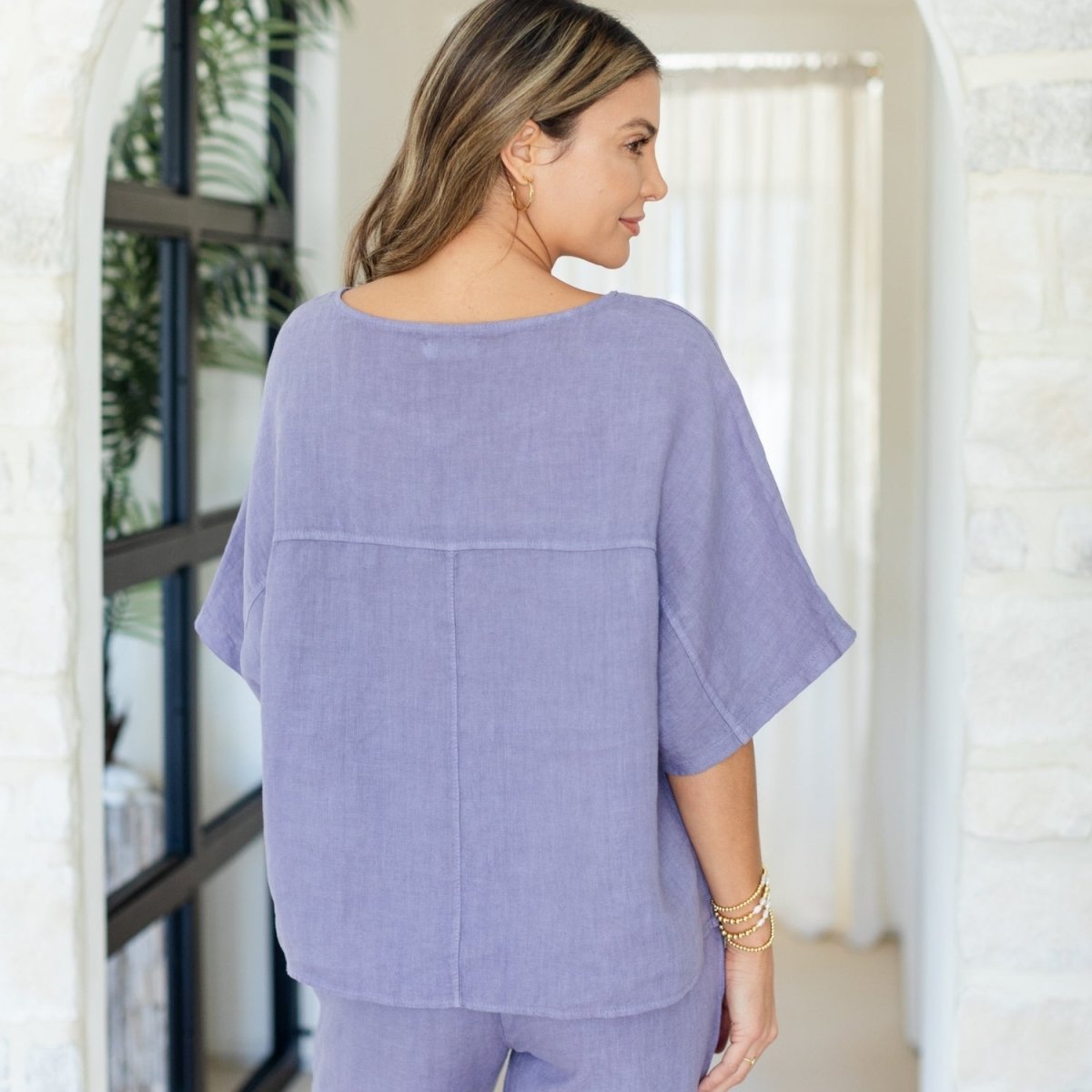 Linen Wide Mid Sleeve Top - Splendid Iris