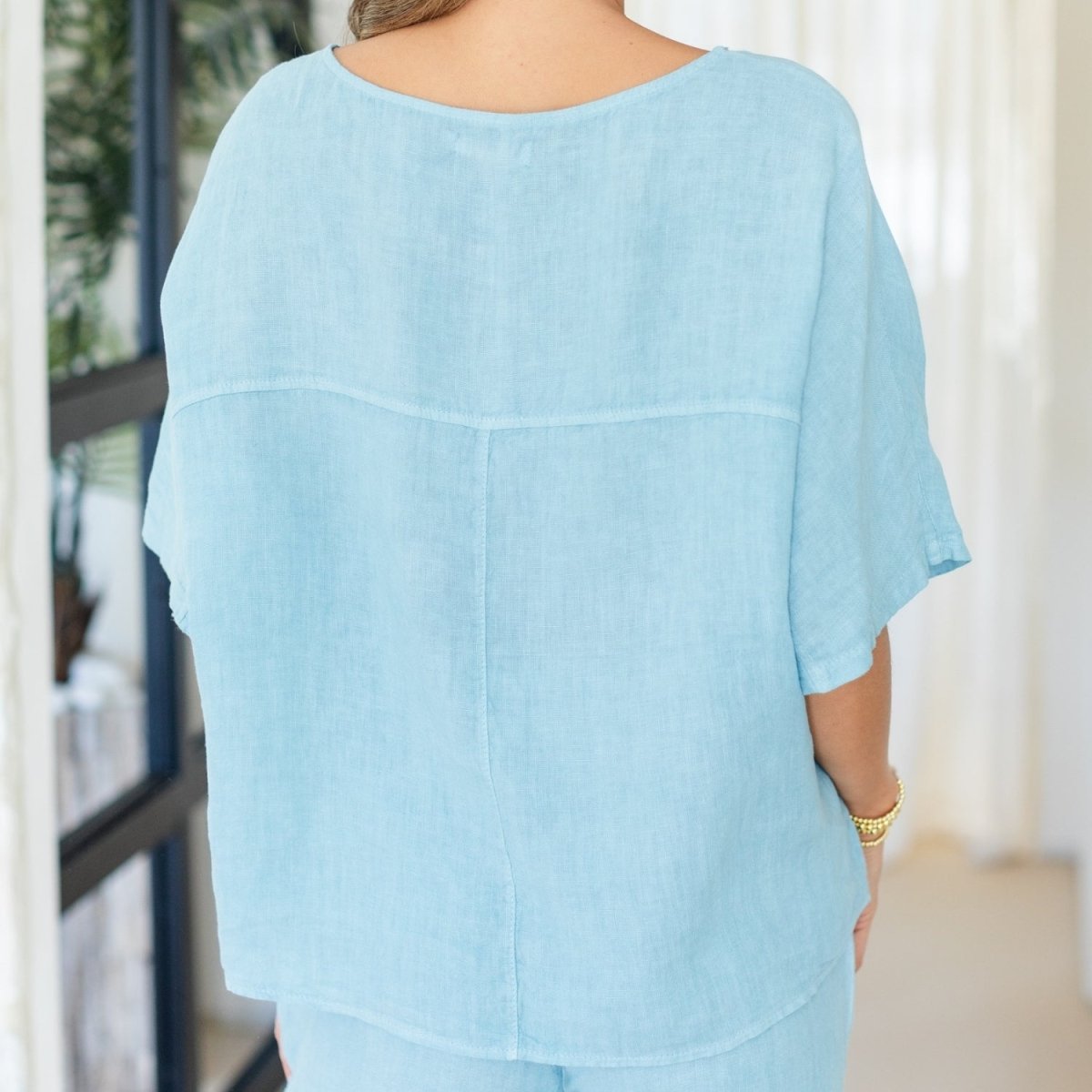 Linen Wide Mid Sleeve Top - Splendid Iris