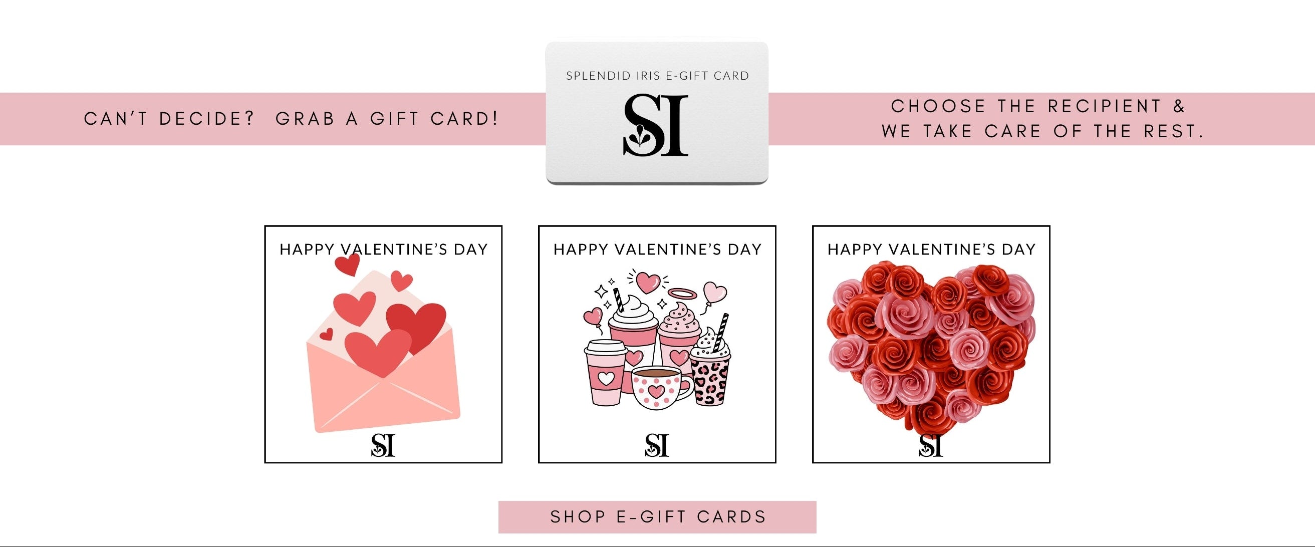 Gift card with Valentine's Day-themed cards and a pink ribbon on a white background