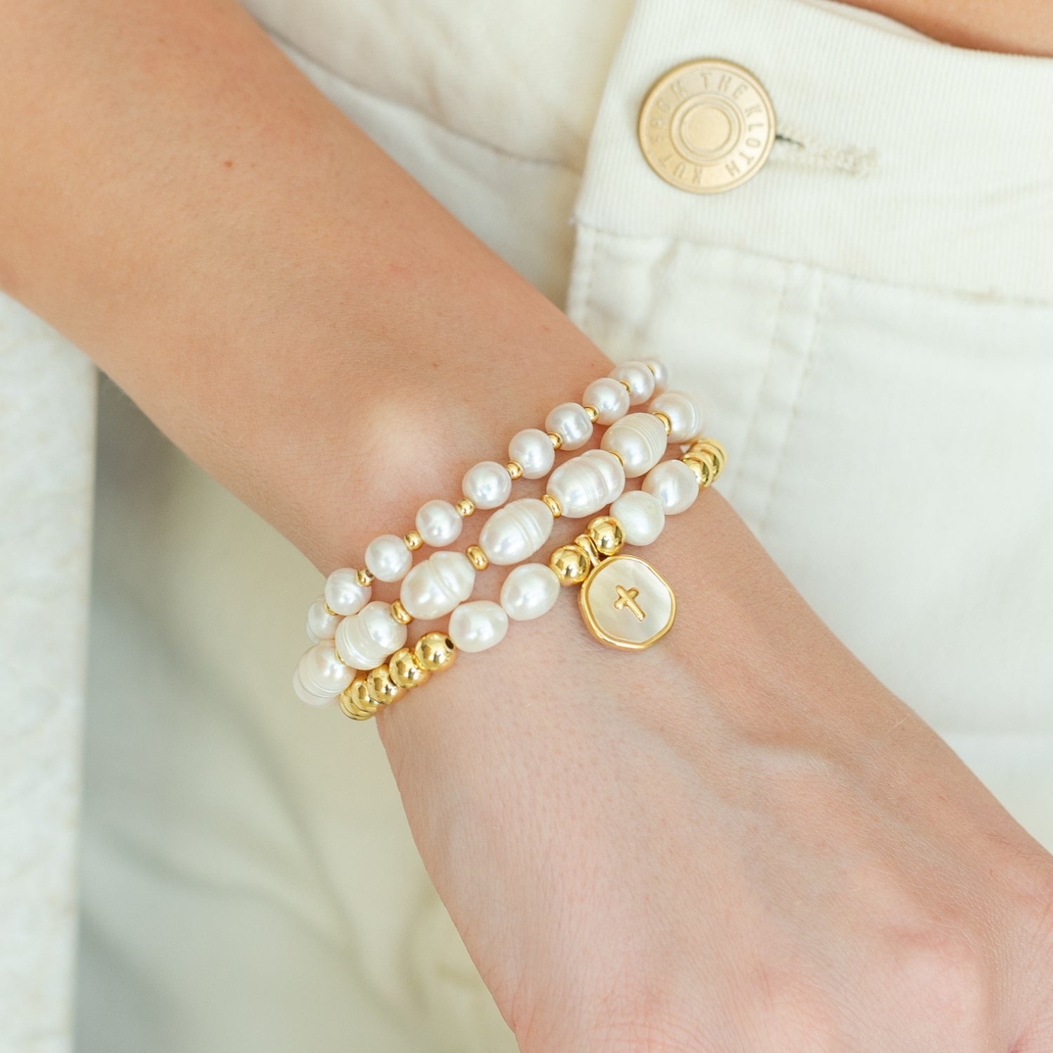 Cross + Pearls Stretch Charm Bracelet - Splendid Iris