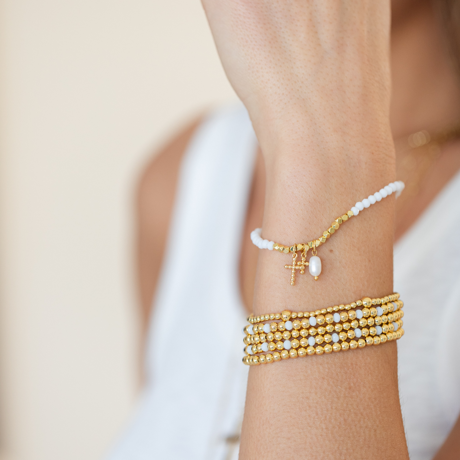 Dotted Cross and Pearl Stretch Bracelet - Splendid Iris