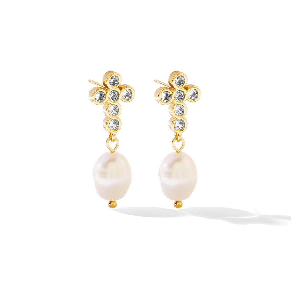 CZ Cross Pearl Drop Earrings - Splendid Iris