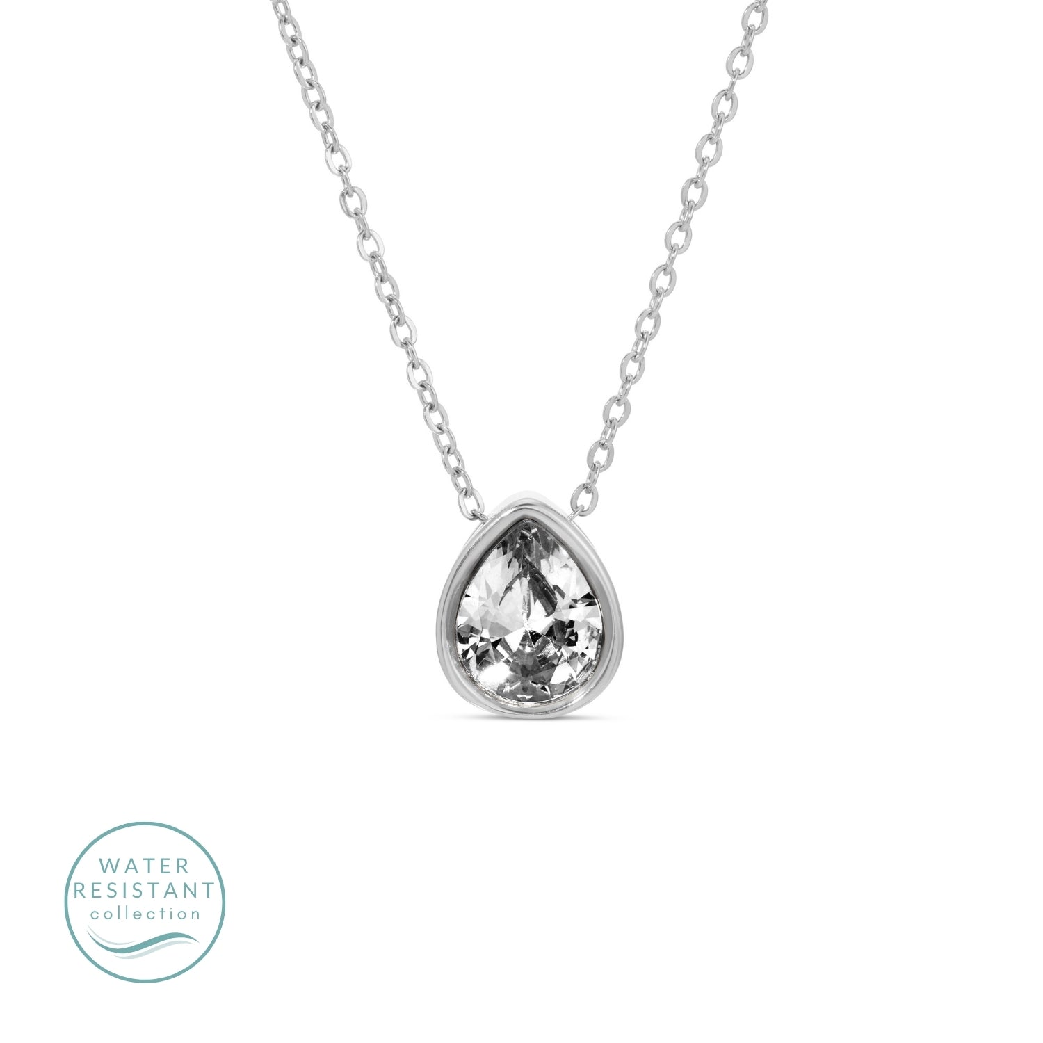 Large CZ Teardrop Pendant Necklace, Water Resistant