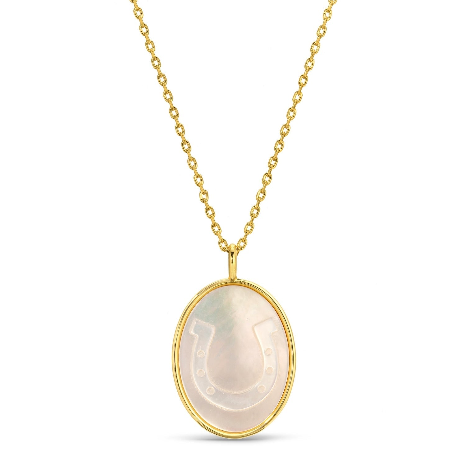 Horse Shoe Etched Shell Oval Pendant Necklace - Splendid Iris