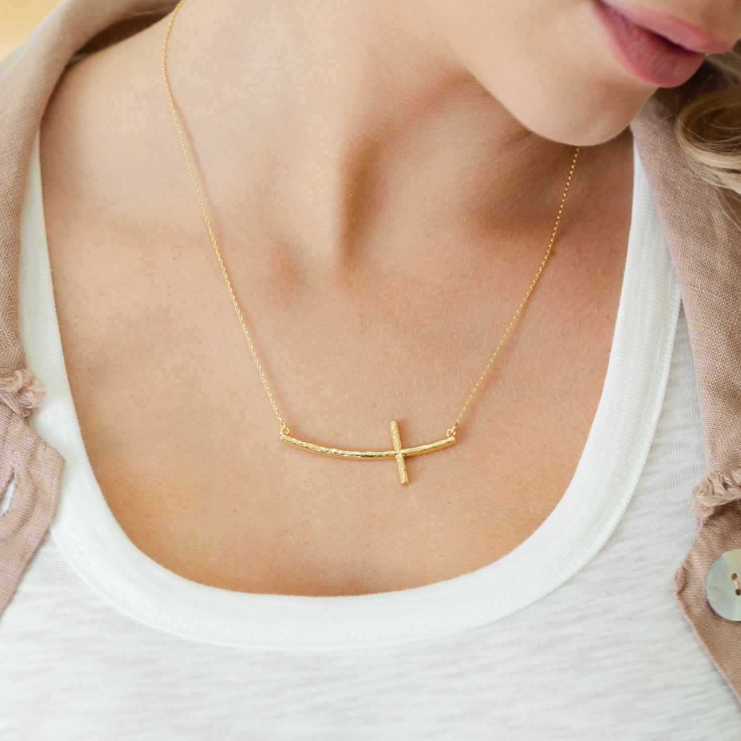 Lightly Textured Curved Cross Necklace - Splendid Iris