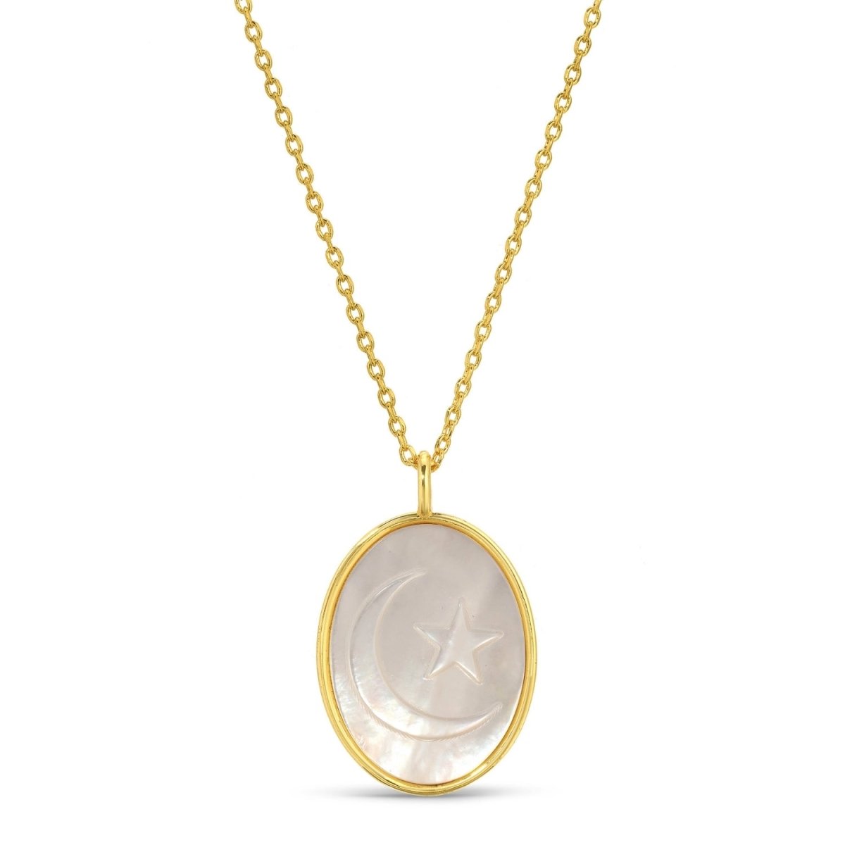 Moon and Star Etched Shell Oval Pendant Necklace - Splendid Iris