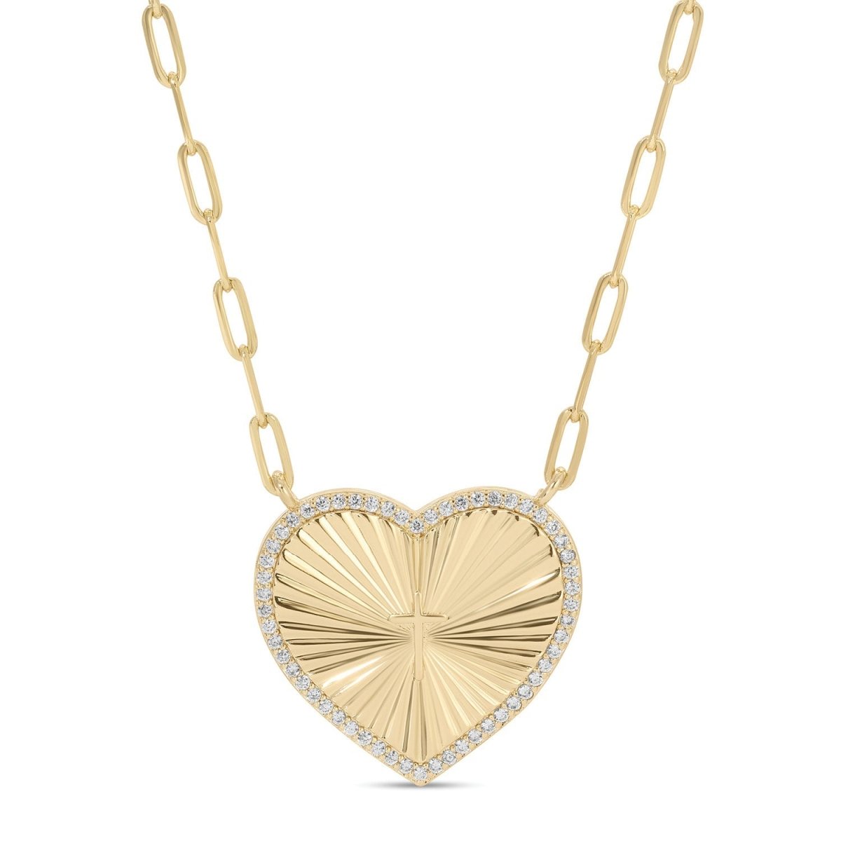 Pavé Cross Accented Heart Burst Paperclip Necklace - Splendid Iris