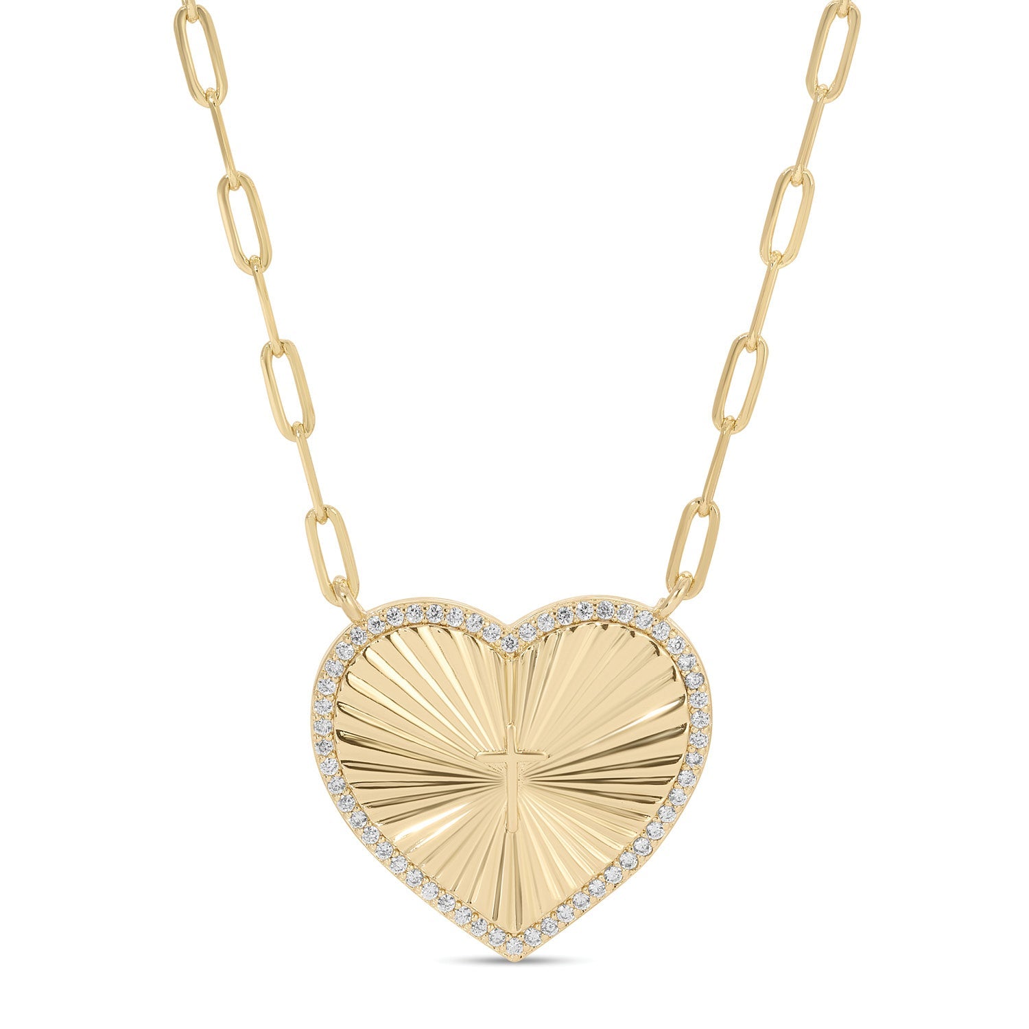 Pave Cross Accented Heart Burst Paperclip Necklace - Splendid Iris