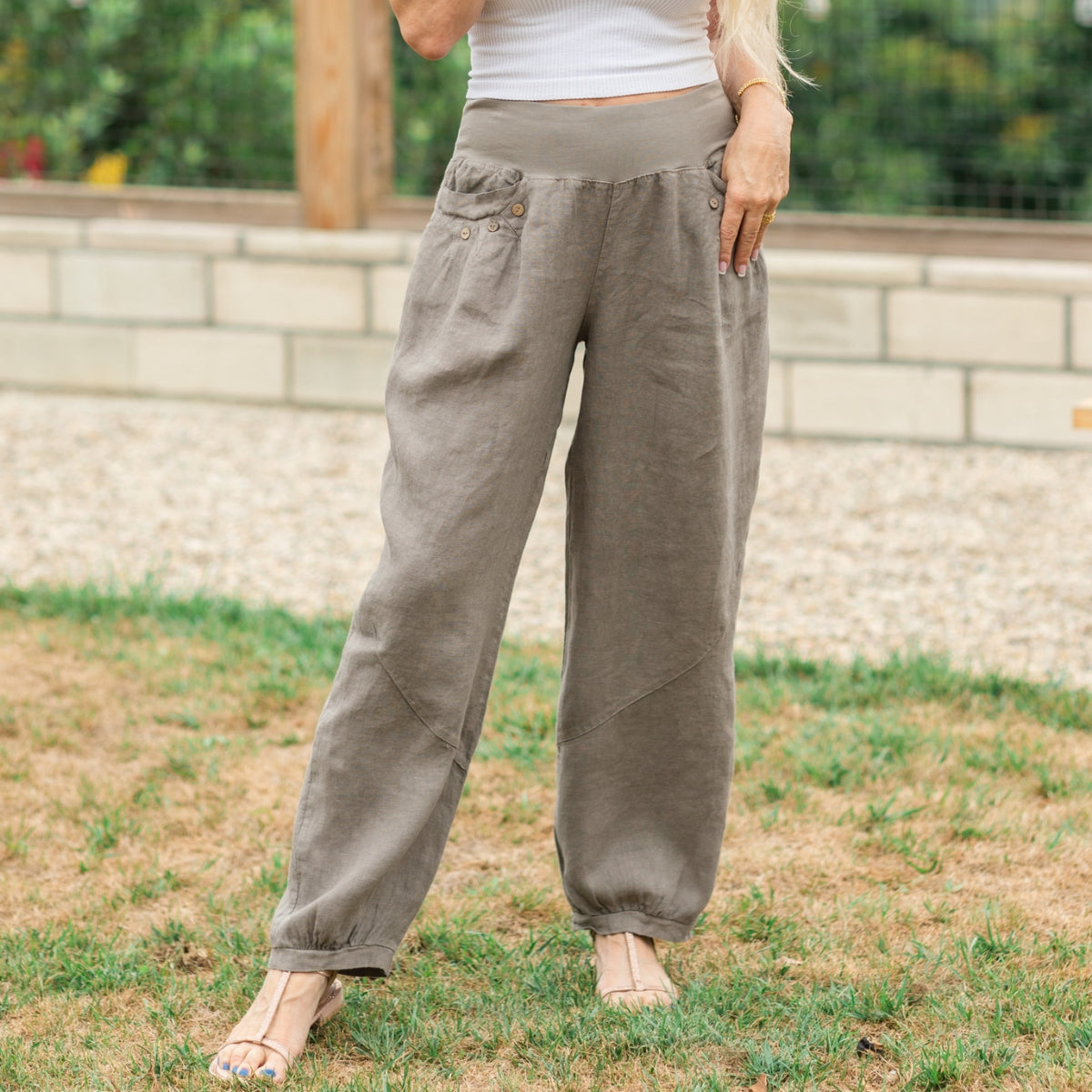 Linen Button Detail Pants - Splendid Iris