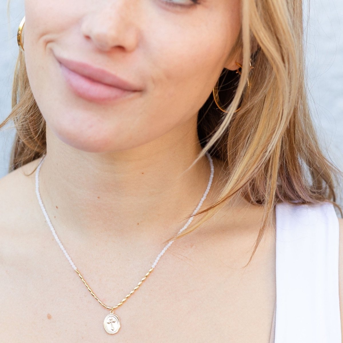 Delicate Stones w/ Oval Cross Necklace - Splendid Iris