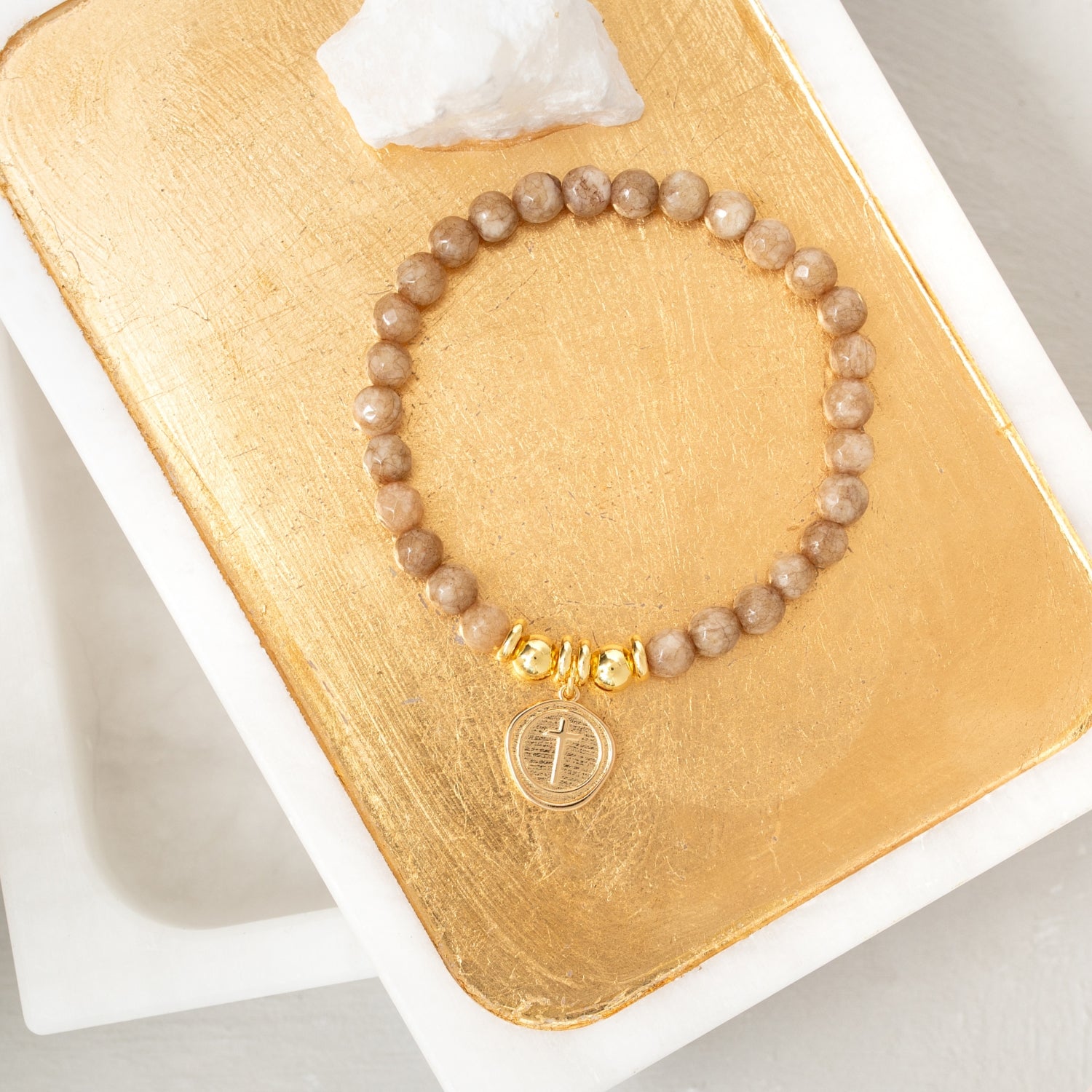 Stretch Stone Bracelet With Round Cross Charm - Splendid Iris