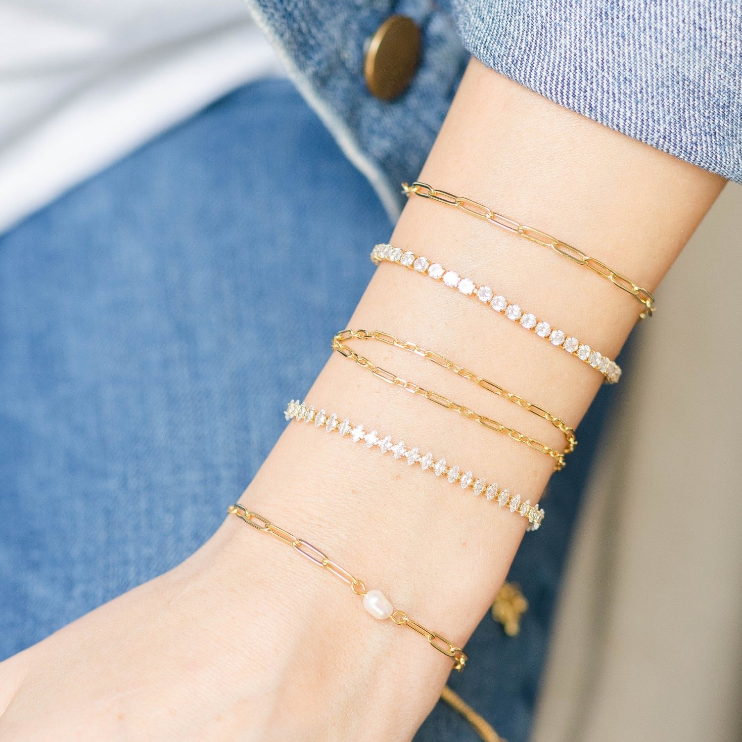 Delicate Link Chain Pearl Pulley Bracelet - Splendid Iris