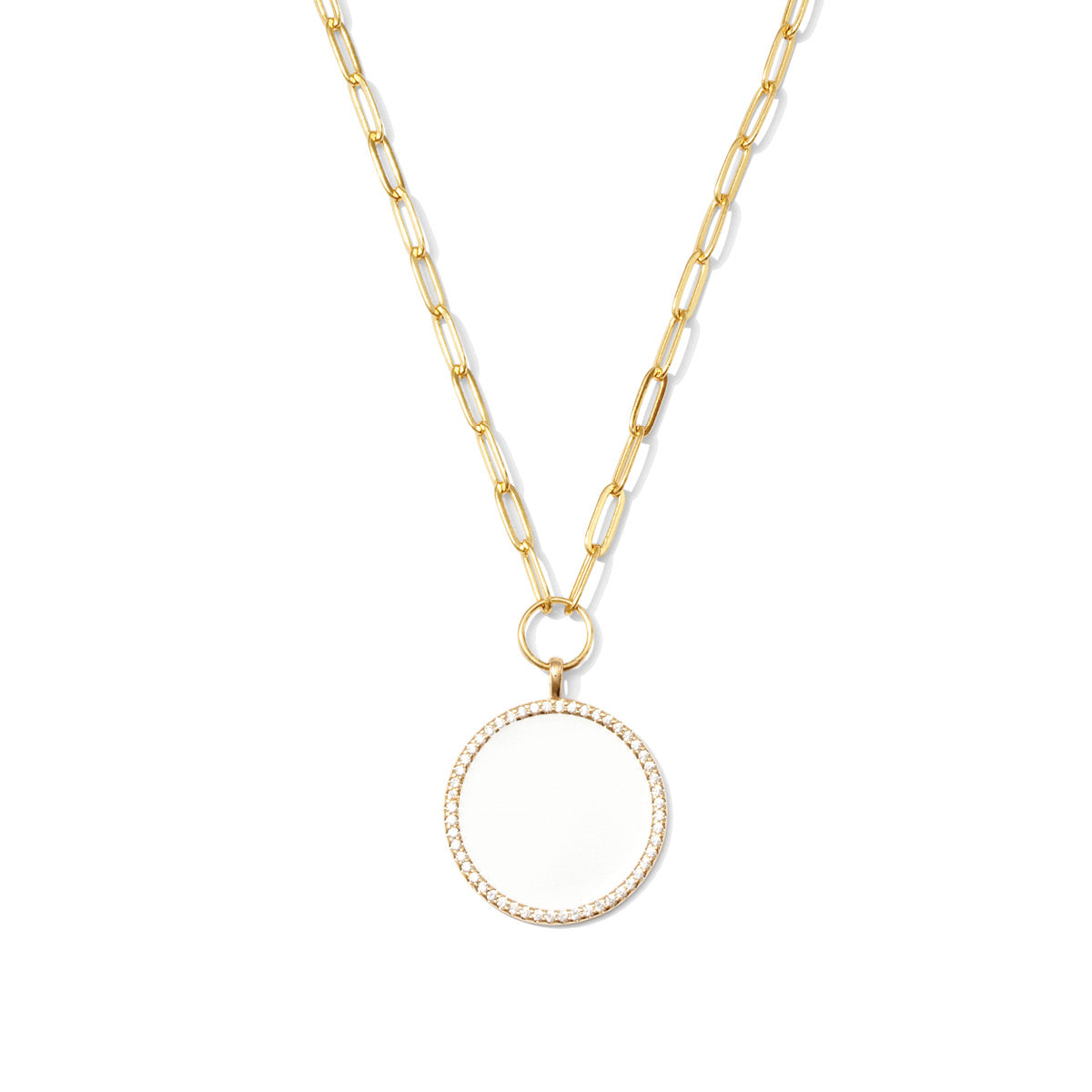 Circle Pave Pendant Paperclip Chain Necklace - Splendid Iris